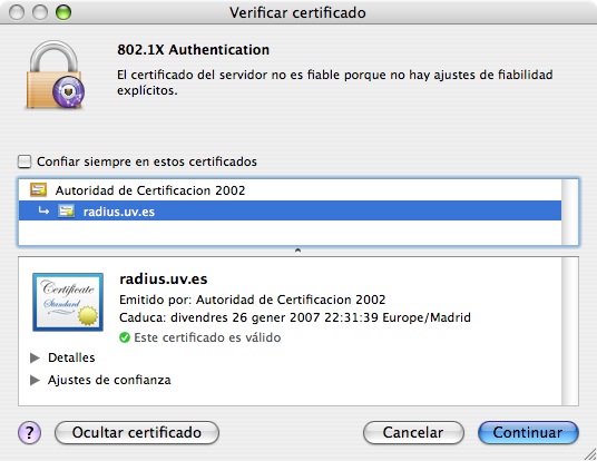 Finestra d'avís de verificació del certificat del servidor Finestra d'avís de verificació del certificat del servidor