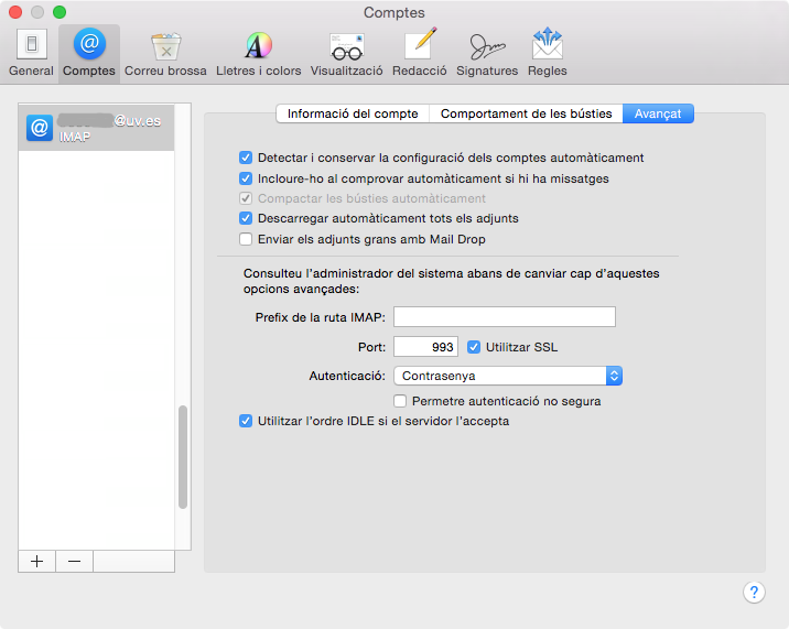 Configuració IMAP Configuració IMAP