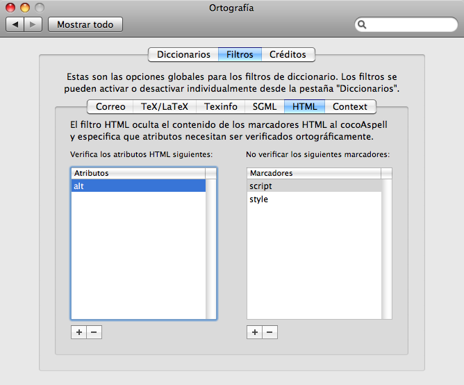 Pestanya filtres HTML