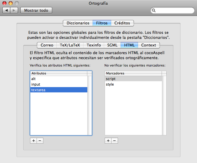 Pestanya filtres HTML
